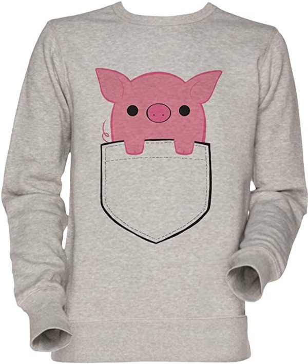 Sudadera gris con dibujo de cerdo saliendo de bolsillo